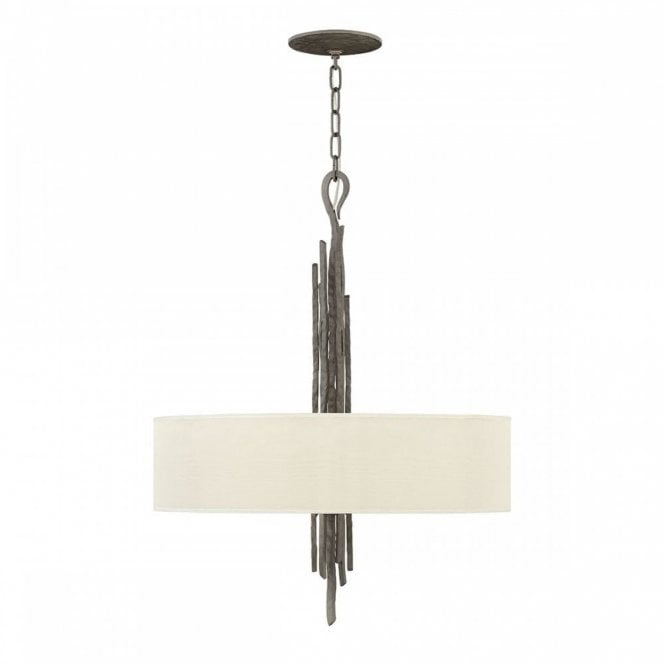 SPYRE 6 Light Ceiling Pendant Metallic Matte Bronze Hammered Organic Twigs Cream Drum Shade