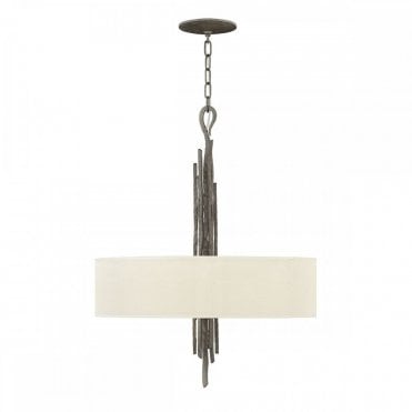 SPYRE 6 Light Ceiling Pendant Metallic Matte Bronze Hammered Organic Twigs Cream Drum Shade