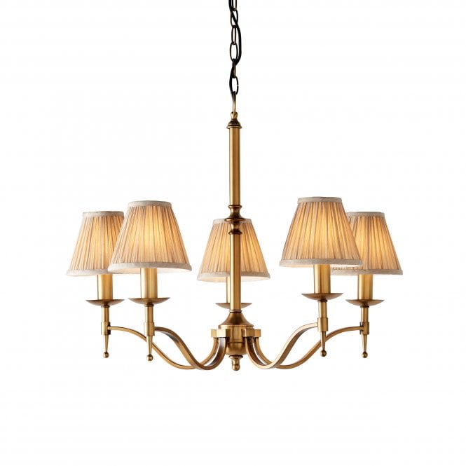STANFORD - 5 Light Ceiling Chandelier in Antique Brass with Beige Organza Shades