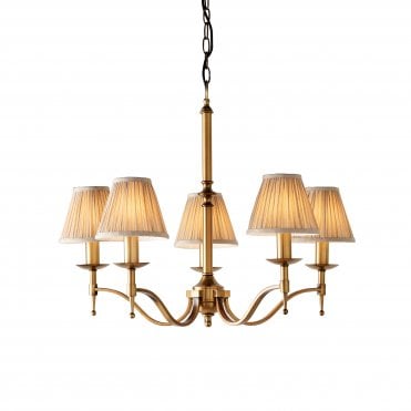 5 Light Ceiling Chandelier in Antique Brass with Beige Organza Shades