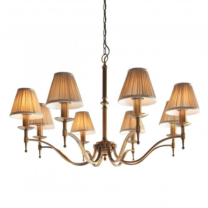 STANFORD - 8 Light Ceiling Chandelier in Antique Brass with Beige Organza Shades
