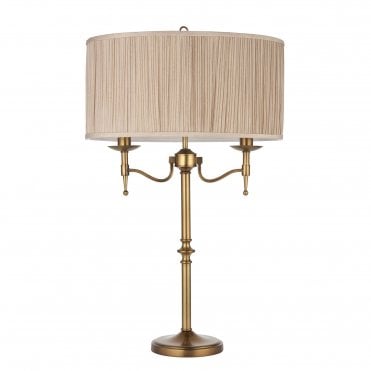 Luxury 2 Light Antique Brass Table Lamp with Beige Organza Shade close up