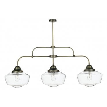 STOWE 3 Light Pendant Bar in Antique Brass with Clear Glass Shades