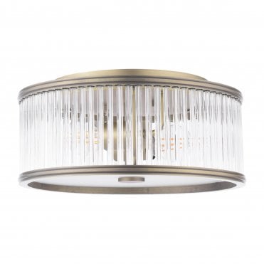 matt antique brass flush ceiling light with faceted glass rods