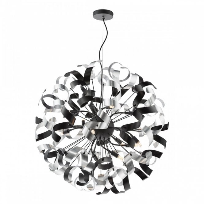 Swash 12 Light Pendant In Black With Black & Aluminium Ribbons