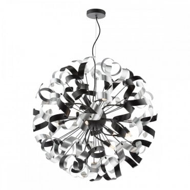 Swash 12 Light Pendant in Matte Black with Black and Aluminium Ribbons by The Lighting Book – industrial-style statement ceiling light