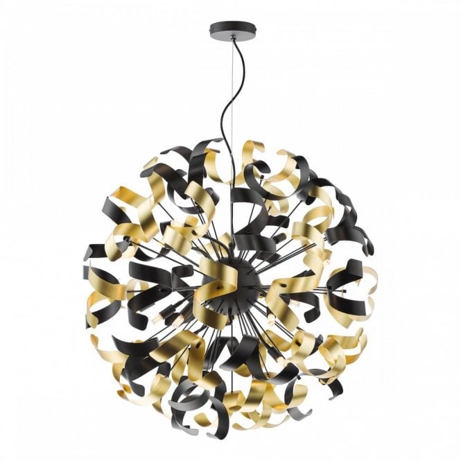 Swash 12 Light Pendant In Black With Black & Gold Ribbons