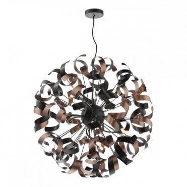 Swash 12 Light Pendant in Matte Black with Copper Ribbons by The Lighting Book – modern industrial ceiling light for dining rooms and living spaces