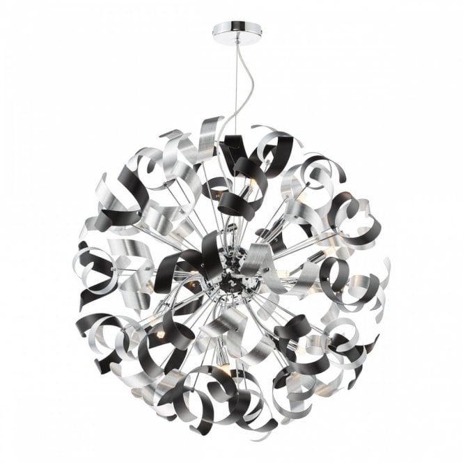 Swash 12 Light Pendant In Polished Chrome With Black & Aluminium Ribbons