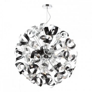 Swash 12 Light Pendant in Polished Chrome with Black and Aluminium Ribbons by The Lighting Book – modern industrial ceiling light for dining rooms and feature spaces