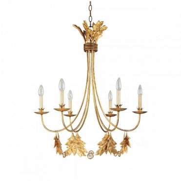 SWEET Olive 6 Light Chandelier Gilded Gold with Leaf Decoration
