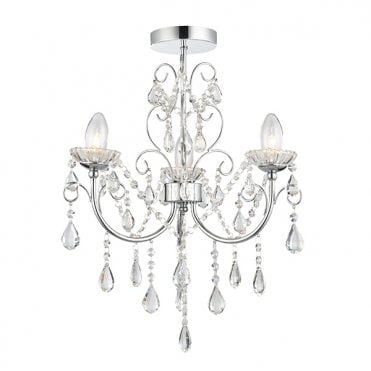 3 Light Semi-Flush IP44 Bathroom Safe Chandelier Chrome and Crystal Glass