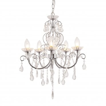 5 Light Pendant IP44 Bathroom Safe Chandelier Chrome and Crystal Glass