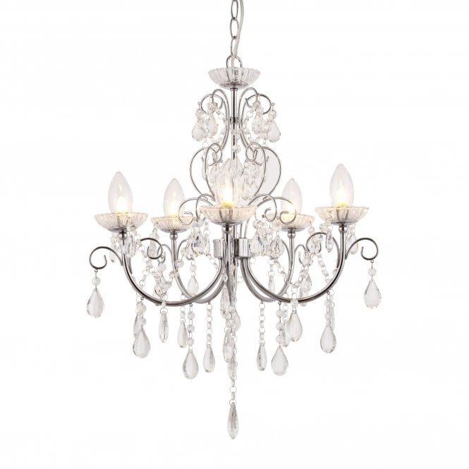 TABITHA 5 Light Pendant IP44 Bathroom Safe Chandelier Chrome and Crystal Glass