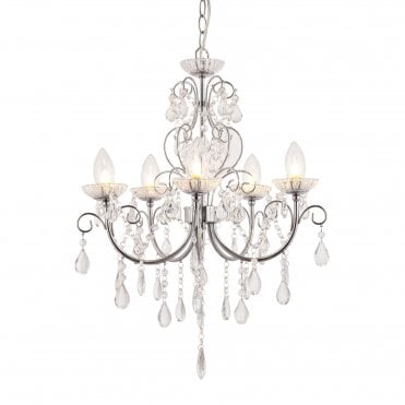 TABITHA 5 Light Pendant IP44 Bathroom Safe Chandelier Chrome and Crystal Glass