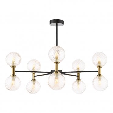 a modern 10 light Semi-Flush Ceiling Light in Matt Black and Bronze with Twisted Amber Glass Shades