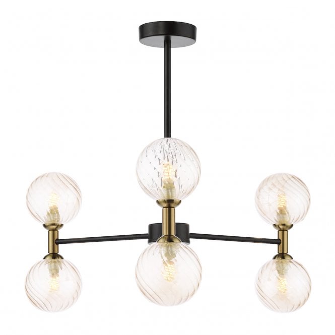 Takara 6 Light Semi-Flush Matte Black and Bronze with Twisted Amber Glass