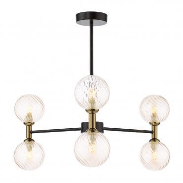 a modern black and bronze semi flush ceiling light with 6 twisted amber glass shades 