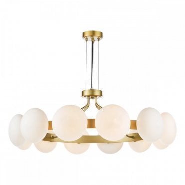 Tauri 12 light pendant in matt gold with opal glass shades by The Lighting Book – contemporary multi-arm ceiling light for dining rooms or hallways