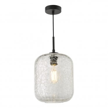 modern matt black ceiling pendant with a clear crackle glass shade 