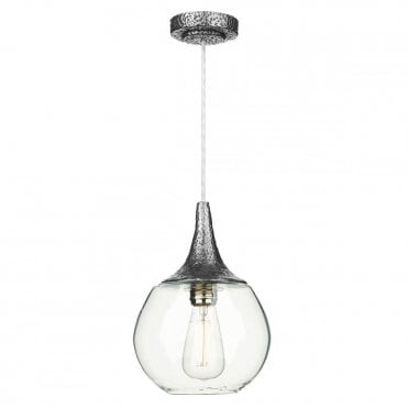 TEARDROP Ceiling Pendant Hammered Pewter with Clear Glass Shade