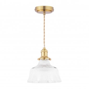 antique brass pendant with fluted edge ribbed glass shade