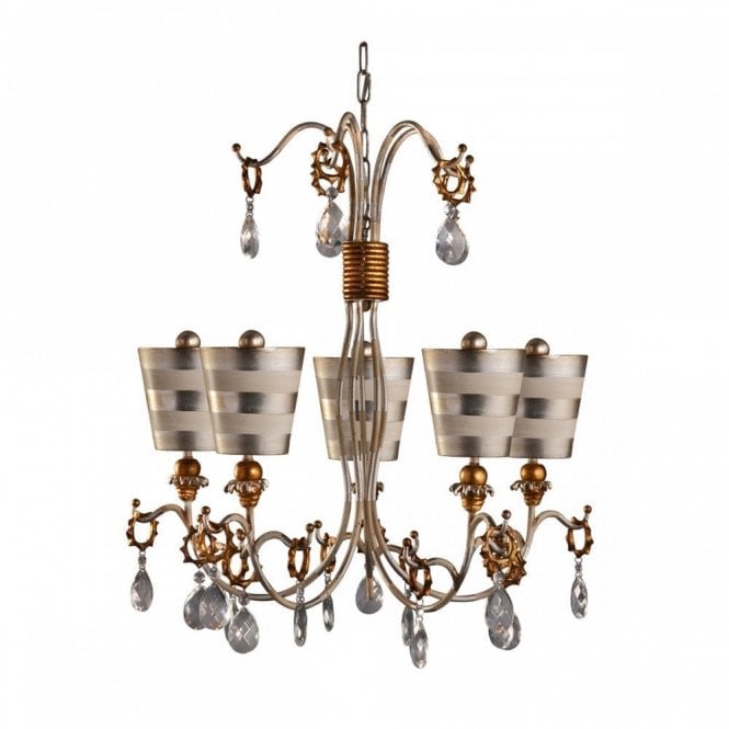 TIVOLI 5 Light Chandelier Silver & Cream Patina with Crystal Drops