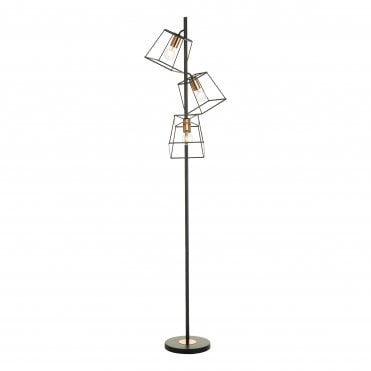 floor lamp with three stepped caged lights in matte black and copper