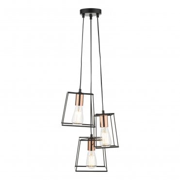 Modern matt black ceiling cluster pendant with copper lamp holders
