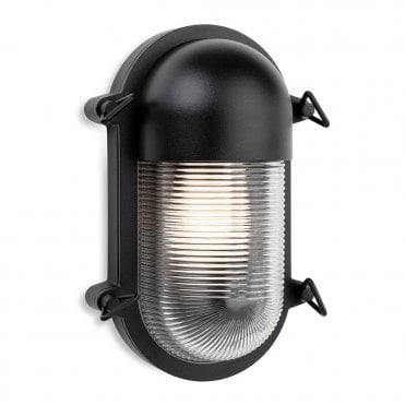 black bulkhead wall light with ribbed clear shade