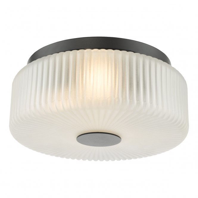 Twyman 3 Light Flush IP44 Bathroom Ceiling Light - Satin Black & White Ribbed Glass