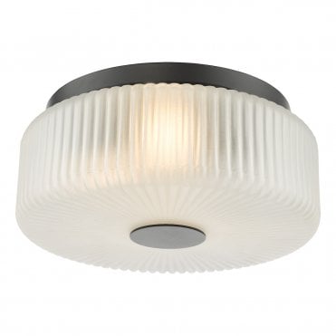 a modern black and ribbed glass, deco-inspired flush bathroom ceiling light fitting