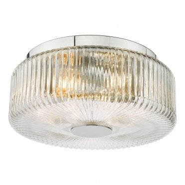a modern chrome and ribbed glass, deco-inspired flush bathroom ceiling light fitting