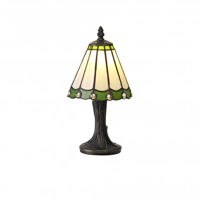 UNA Handcrafted Tiffany table lamp in beige and green with clear gems