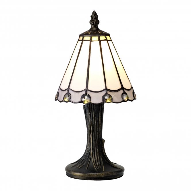 UNA Handcrafted Tiffany table lamp in beige and grey with clear gems