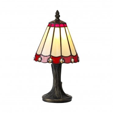 UNA Handcrafted Tiffany table lamp in beige and red with clear gems