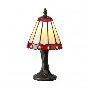 UNA Handcrafted Tiffany table lamp in beige and red with clear gems