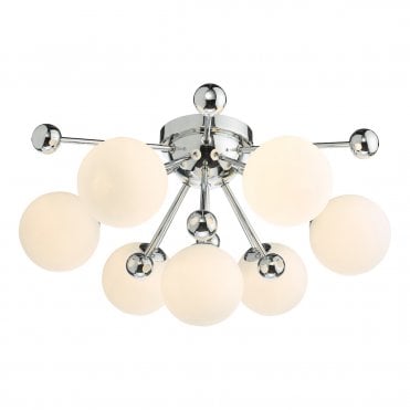 Flush chrome ceiling light with 7 lights in opal glass