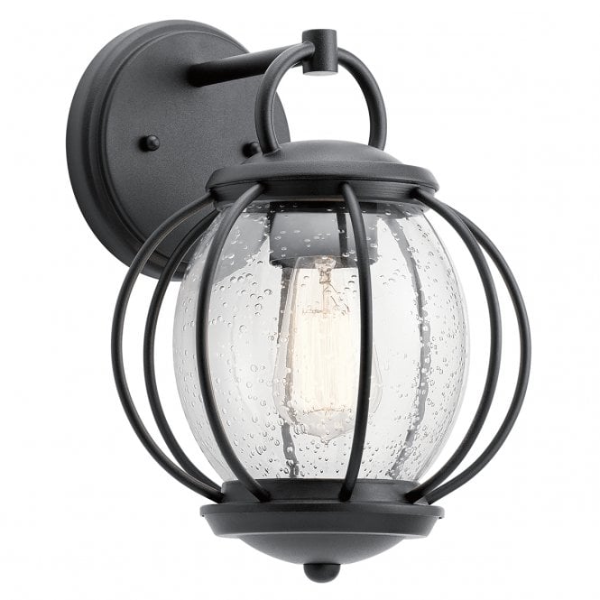 VANDALIA Caged Seeded Glass Globe Exterior Wall Lantern Textured Black