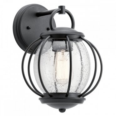 VANDALIA Caged Seeded Glass Globe Exterior Wall Lantern Textured Black
