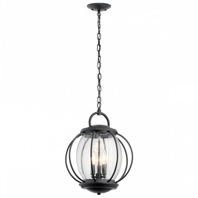 VANDALIA Medium Caged Seeded Glass Globe Exterior Pendant Lantern Textured Black
