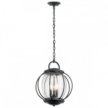VANDALIA Medium Caged Seeded Glass Globe Exterior Pendant Lantern Textured Black