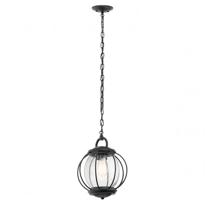 VANDALIA Small Exterior Pendant Cage Seeded Glass Globe Chain Lantern Textured Black