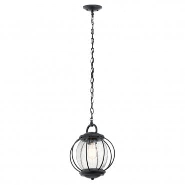 Small Exterior Pendant Cage Seeded Glass Globe Chain Lantern Textured Black