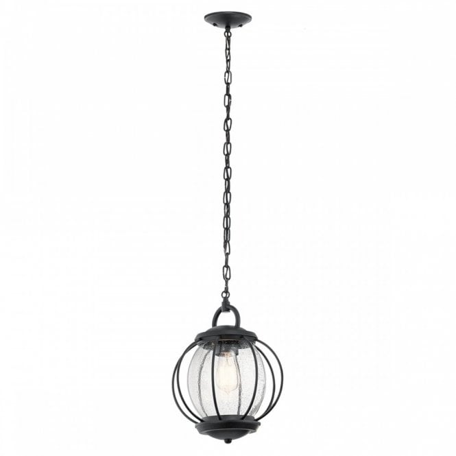 VANDALIA Small Exterior Pendant Cage Seeded Glass Globe Chain Lantern Textured Black