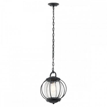 VANDALIA Small Exterior Pendant Cage Seeded Glass Globe Chain Lantern Textured Black