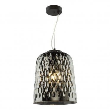 a modern black ceiling pendant with smoked textured glass shade 