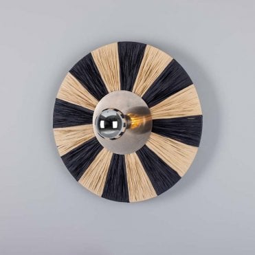 two tone circular raffia wall light with antique silver disc