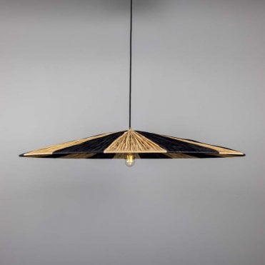 large hanging raffia ceiling pendant with black stripes