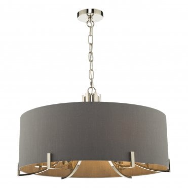 nickel pendant with grey drum shade and metal hook details 